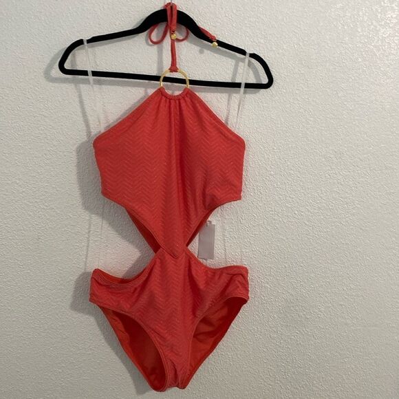 NWT-Trina Turk-Peach & gold- High Neck One Piece Swimsuit- side cut outs-Size 12 - Picture 4 of 16
